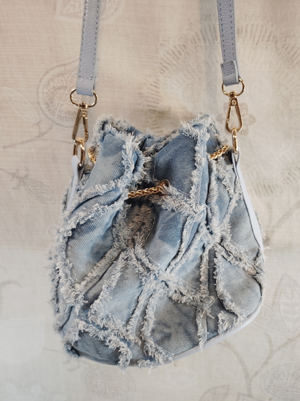 Light Blue Distressed Denim Crossbody Bucket Bag with Gold Chain &Pearl Charms - Picture 3 of 5